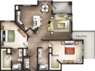 Floor plan for 2 beds, 2 baths, 1233 sqft